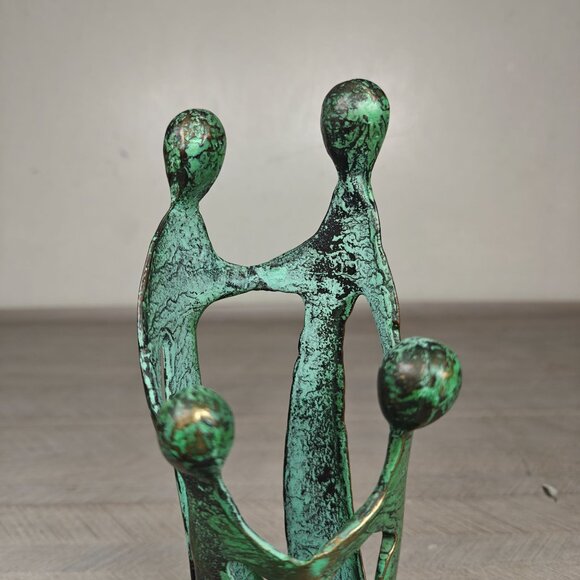 Vintage Abstract Family Sculpture Green Bronze Patina Handmade MCM Statue 9" - Picture 6 of 8